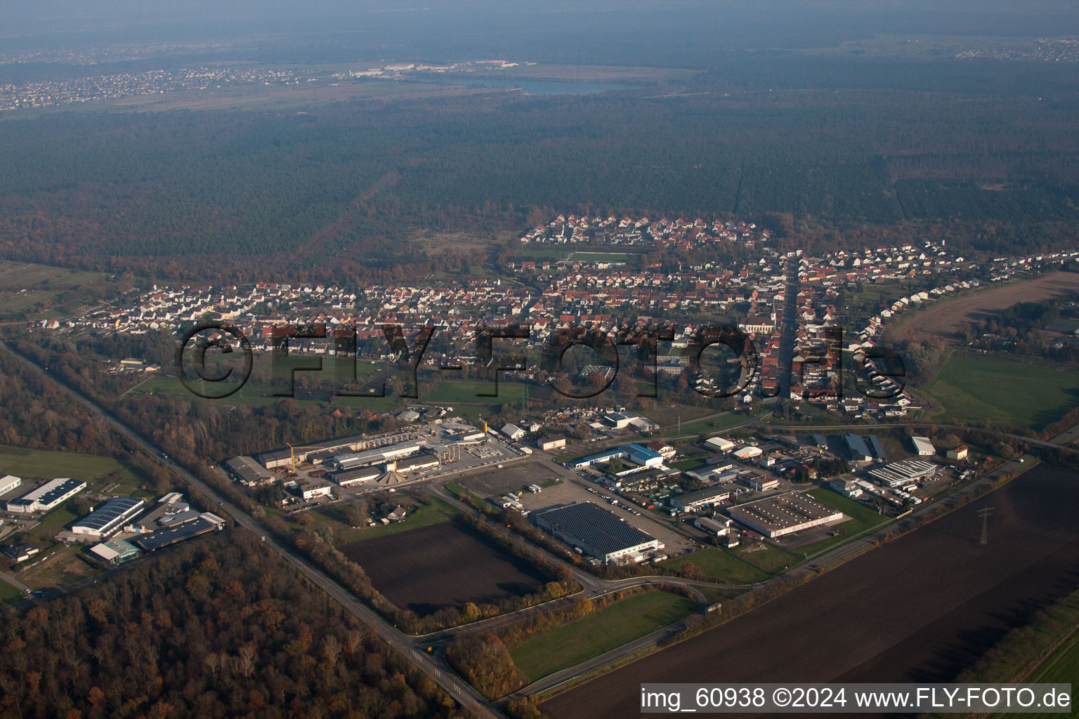 Oblique view of District Huttenheim in Philippsburg in the state Baden-Wuerttemberg, Germany