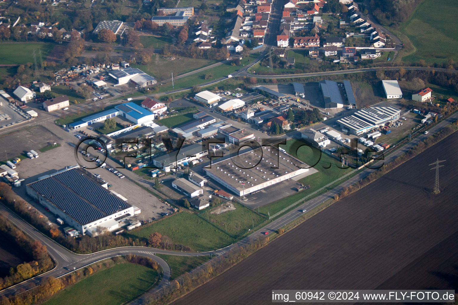 District Huttenheim in Philippsburg in the state Baden-Wuerttemberg, Germany seen from above