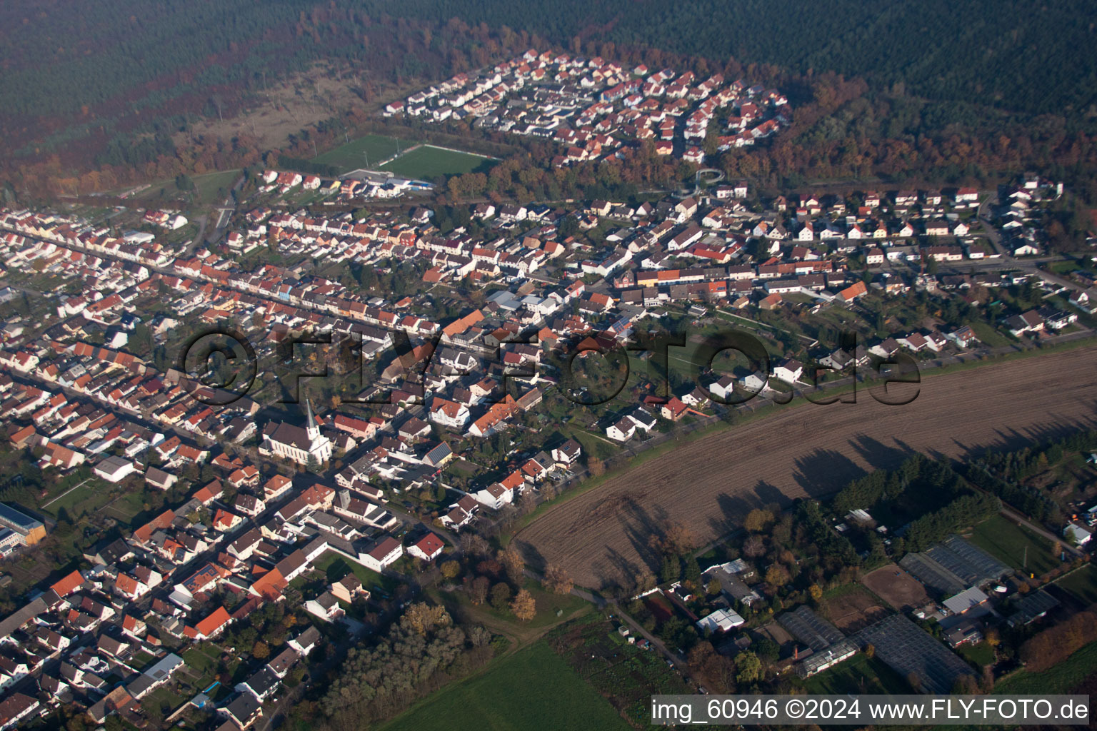 Drone recording of District Huttenheim in Philippsburg in the state Baden-Wuerttemberg, Germany