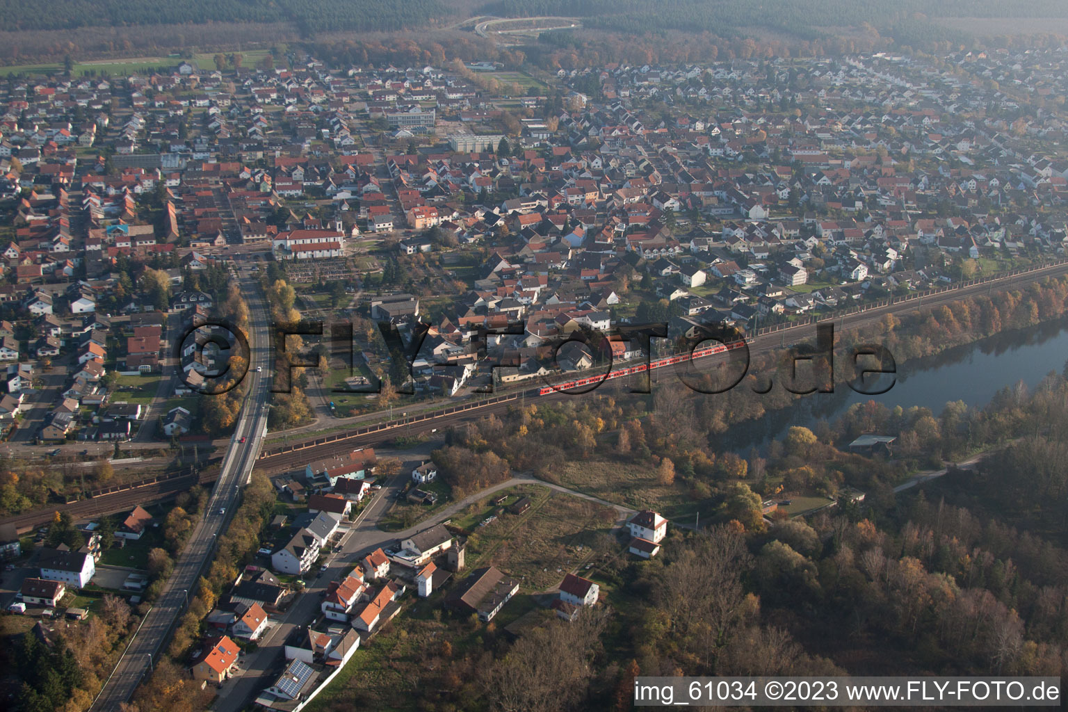 Aerial view of District Neudorf in Graben-Neudorf in the state Baden-Wuerttemberg, Germany