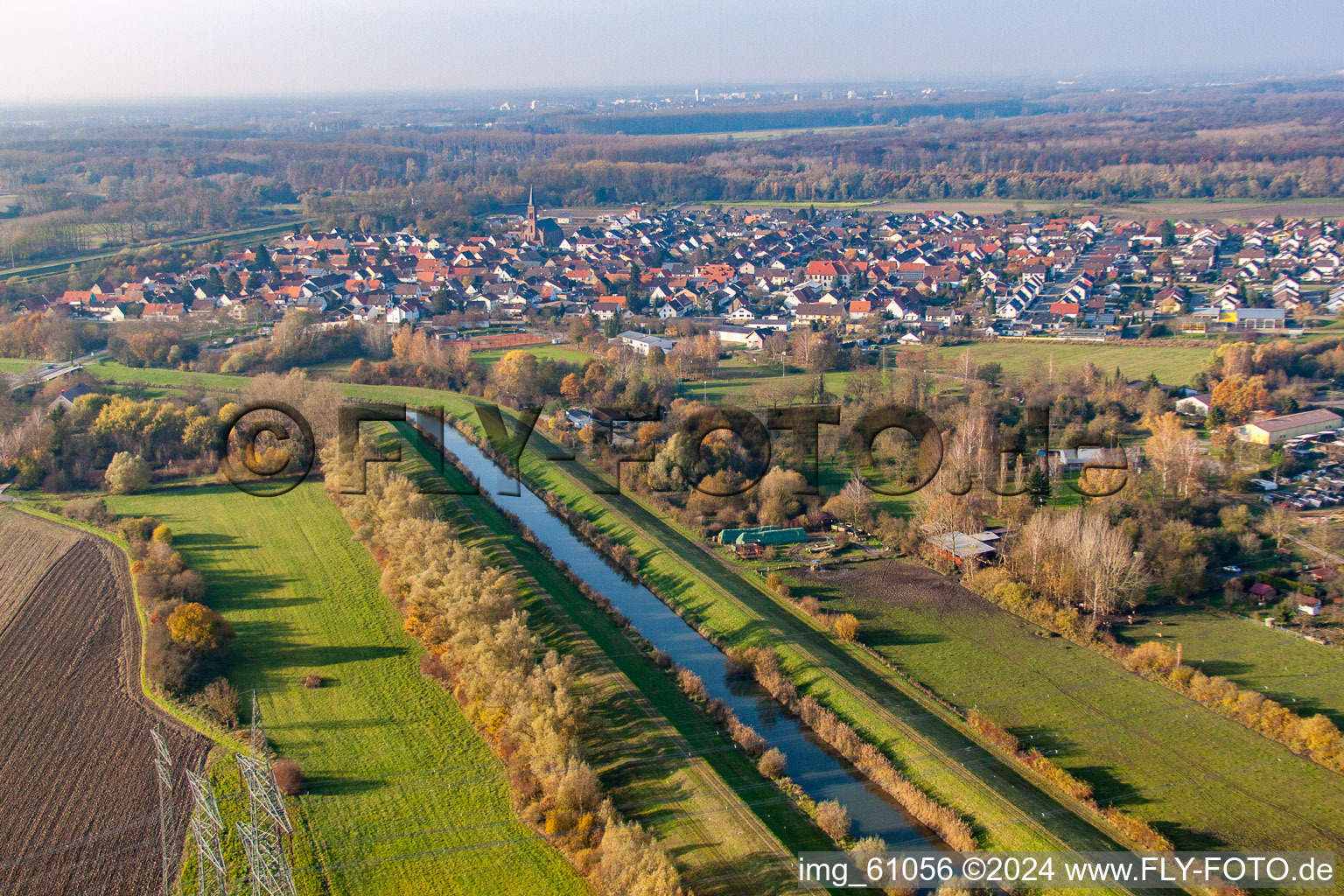 Aerial view of Village on the Saalbach Canal in the district Rußheim in Dettenheim in the state Baden-Wuerttemberg, Germany