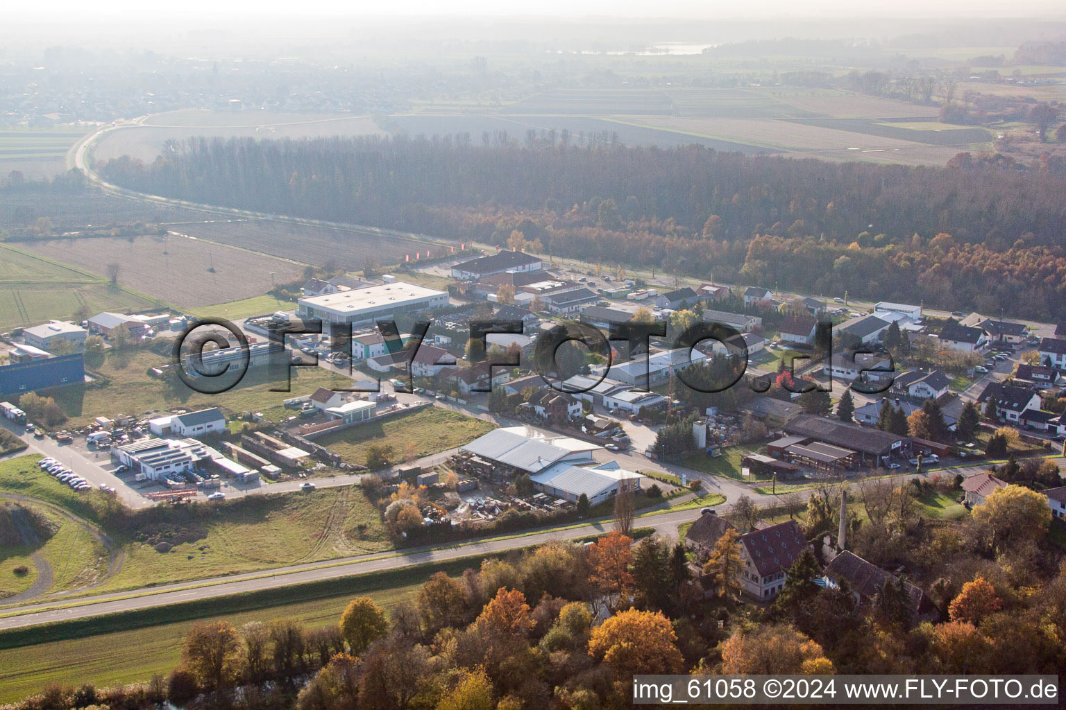 Oblique view of Commercial area Gewerbering in the district Rußheim in Dettenheim in the state Baden-Wuerttemberg, Germany