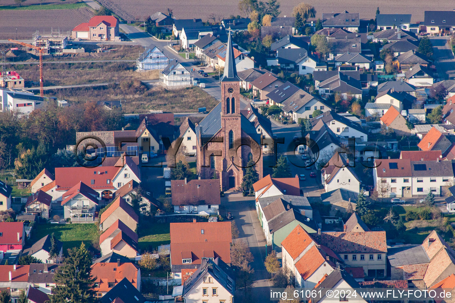 Aerial view of Church in the district Rußheim in Dettenheim in the state Baden-Wuerttemberg, Germany