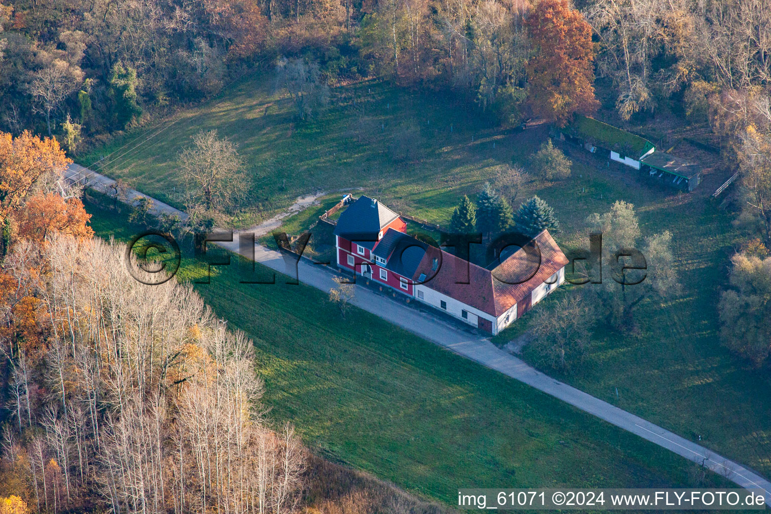 Aerial view of Dettenheimer Street in the district Liedolsheim in Dettenheim in the state Baden-Wuerttemberg, Germany