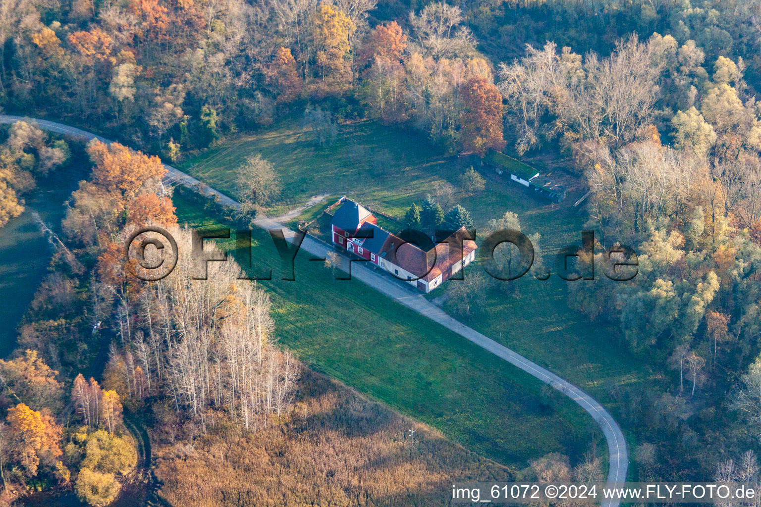 Aerial view of Old Rhine-Königsee in Dettenheim in the state Baden-Wuerttemberg, Germany