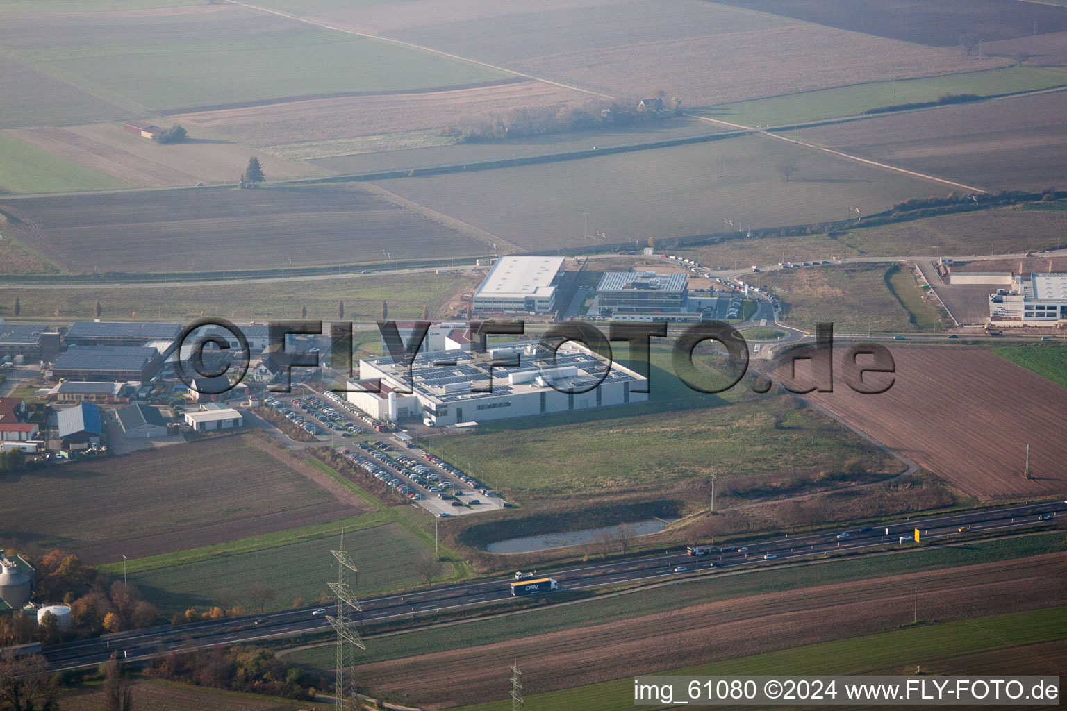 N, industrial area in Rülzheim in the state Rhineland-Palatinate, Germany from the drone perspective