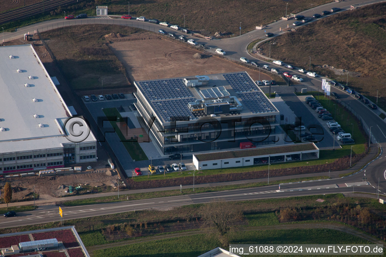 N, industrial area in Rülzheim in the state Rhineland-Palatinate, Germany seen from a drone