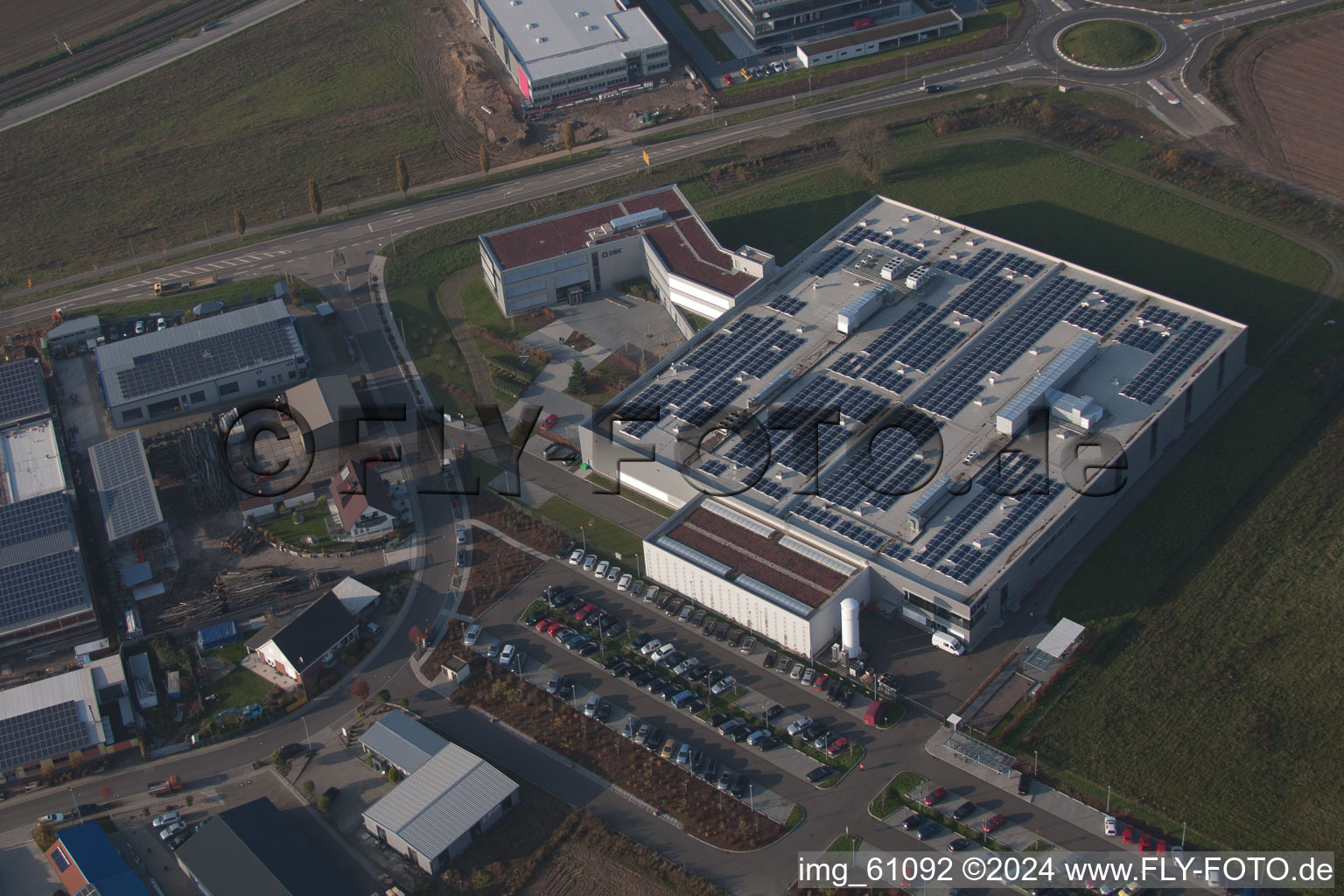 N, industrial area in Rülzheim in the state Rhineland-Palatinate, Germany from above