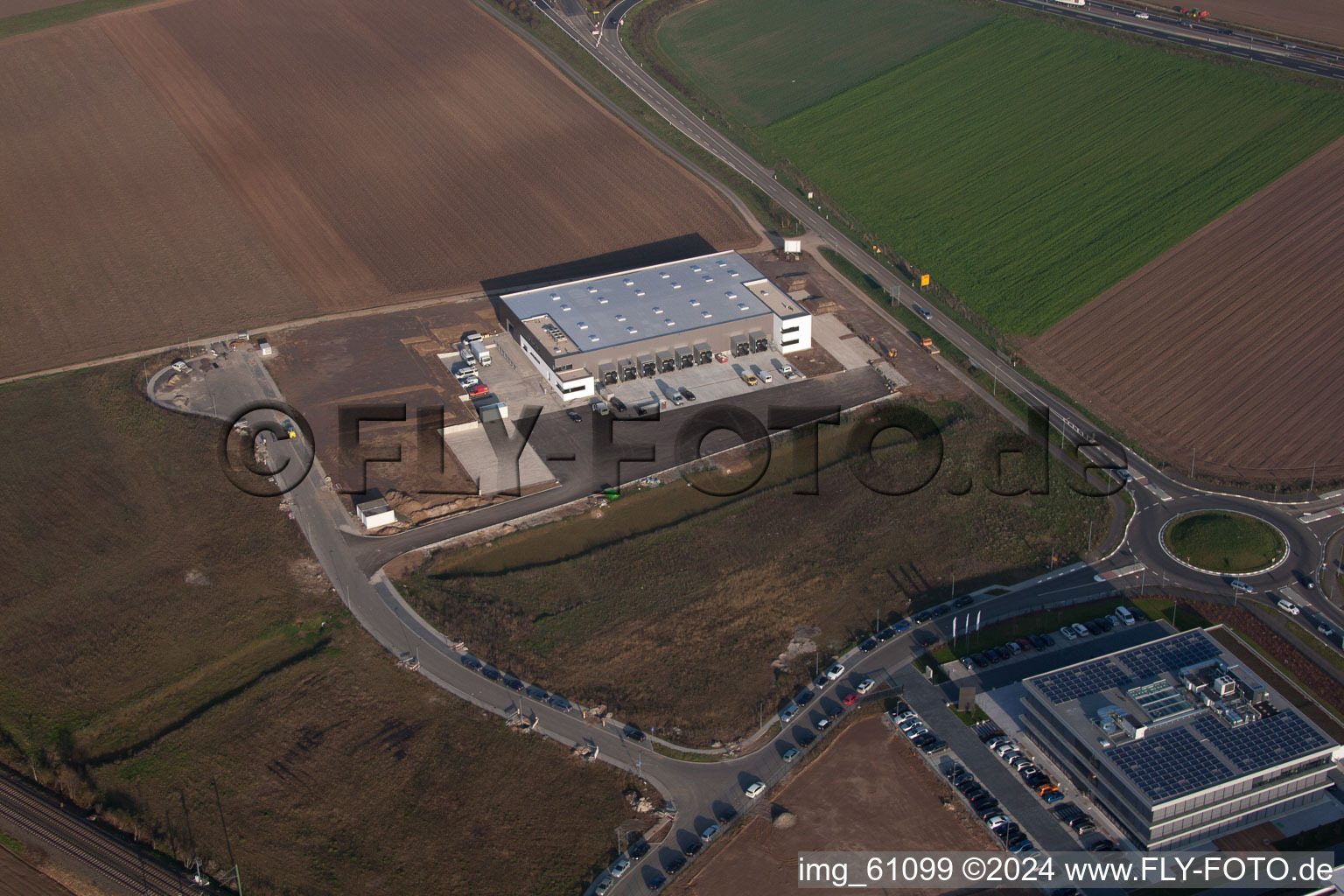 N, industrial area in Rülzheim in the state Rhineland-Palatinate, Germany viewn from the air