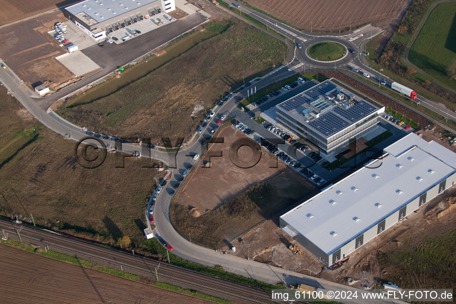 Drone recording of N, industrial area in Rülzheim in the state Rhineland-Palatinate, Germany