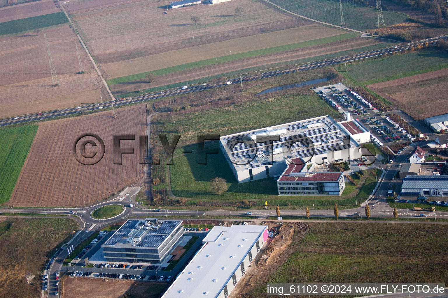 N, industrial area in Rülzheim in the state Rhineland-Palatinate, Germany from the drone perspective