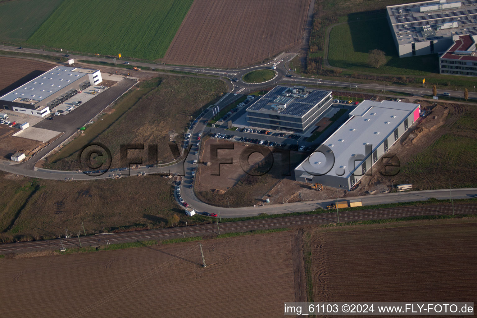 N, industrial area in Rülzheim in the state Rhineland-Palatinate, Germany from a drone