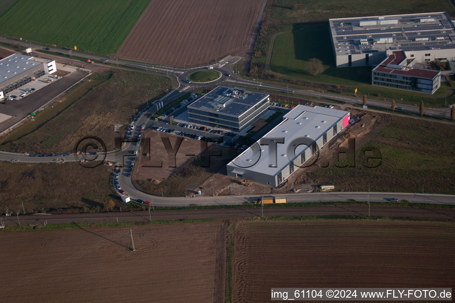 N, industrial area in Rülzheim in the state Rhineland-Palatinate, Germany seen from a drone