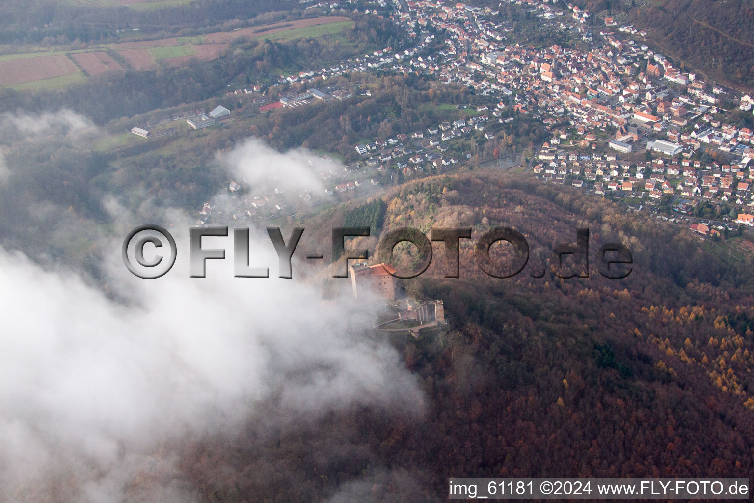 Trifels Castle in clouds in Annweiler am Trifels in the state Rhineland-Palatinate, Germany