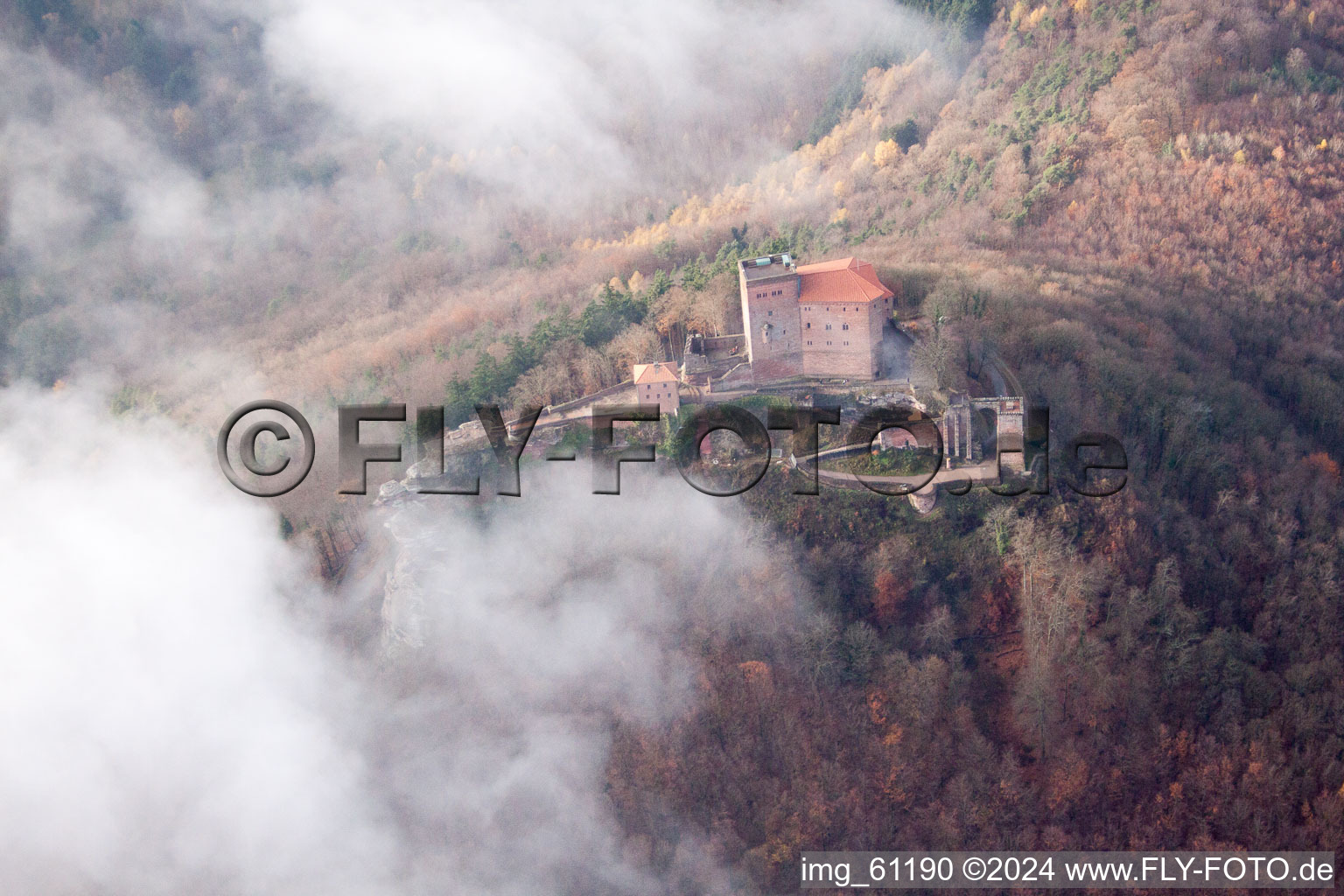 Aerial view of Castle Trifels in Annweiler am Trifels in the state Rhineland-Palatinate