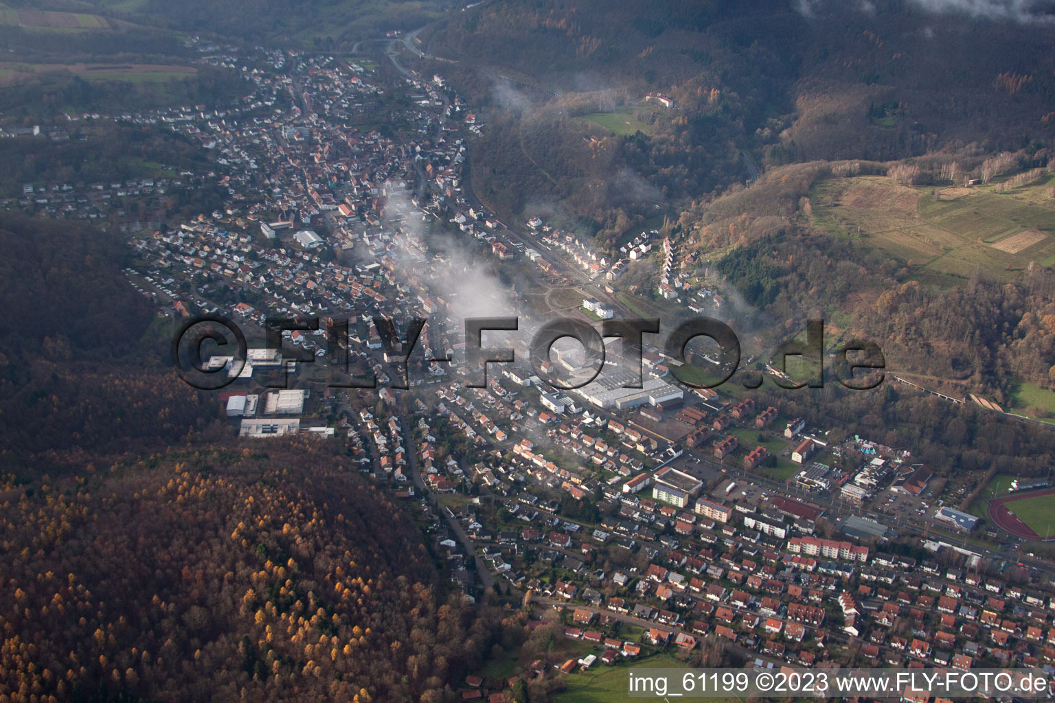 Annweiler am Trifels in the state Rhineland-Palatinate, Germany seen from above