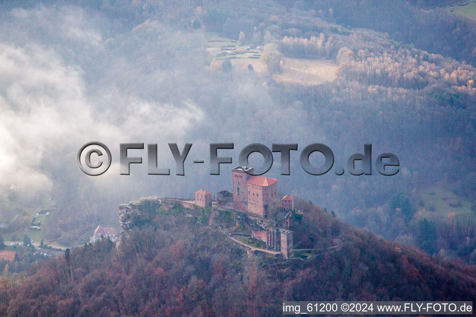 Aerial photograpy of Castle Trifels in Annweiler am Trifels in the state Rhineland-Palatinate