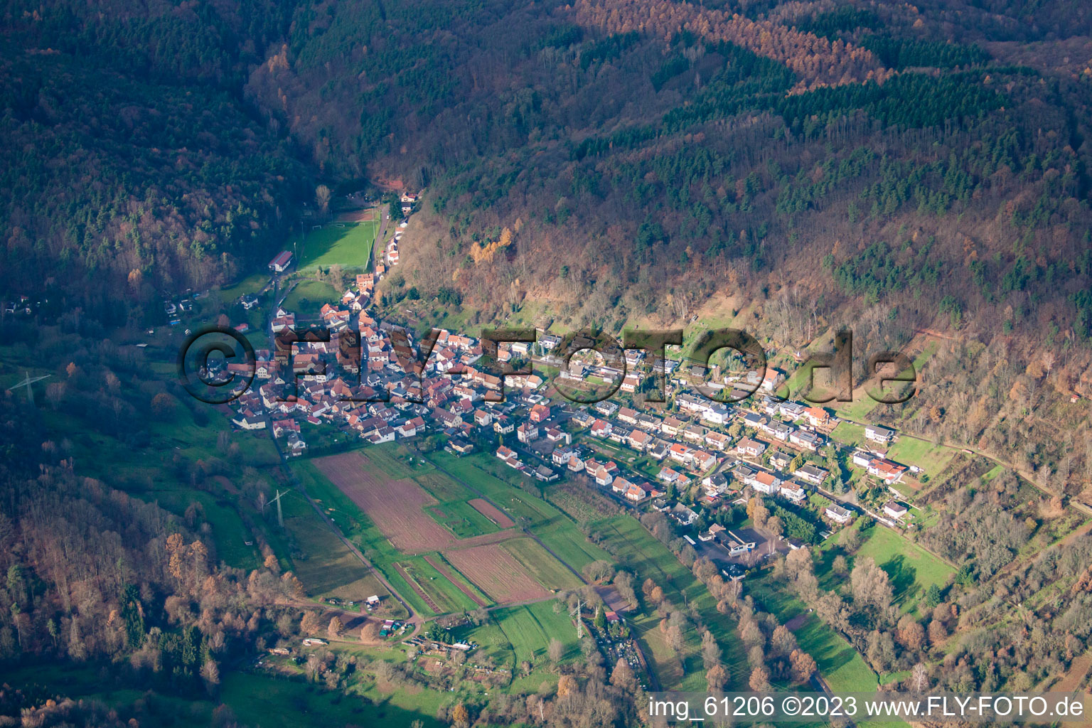 Annweiler am Trifels in the state Rhineland-Palatinate, Germany from the plane