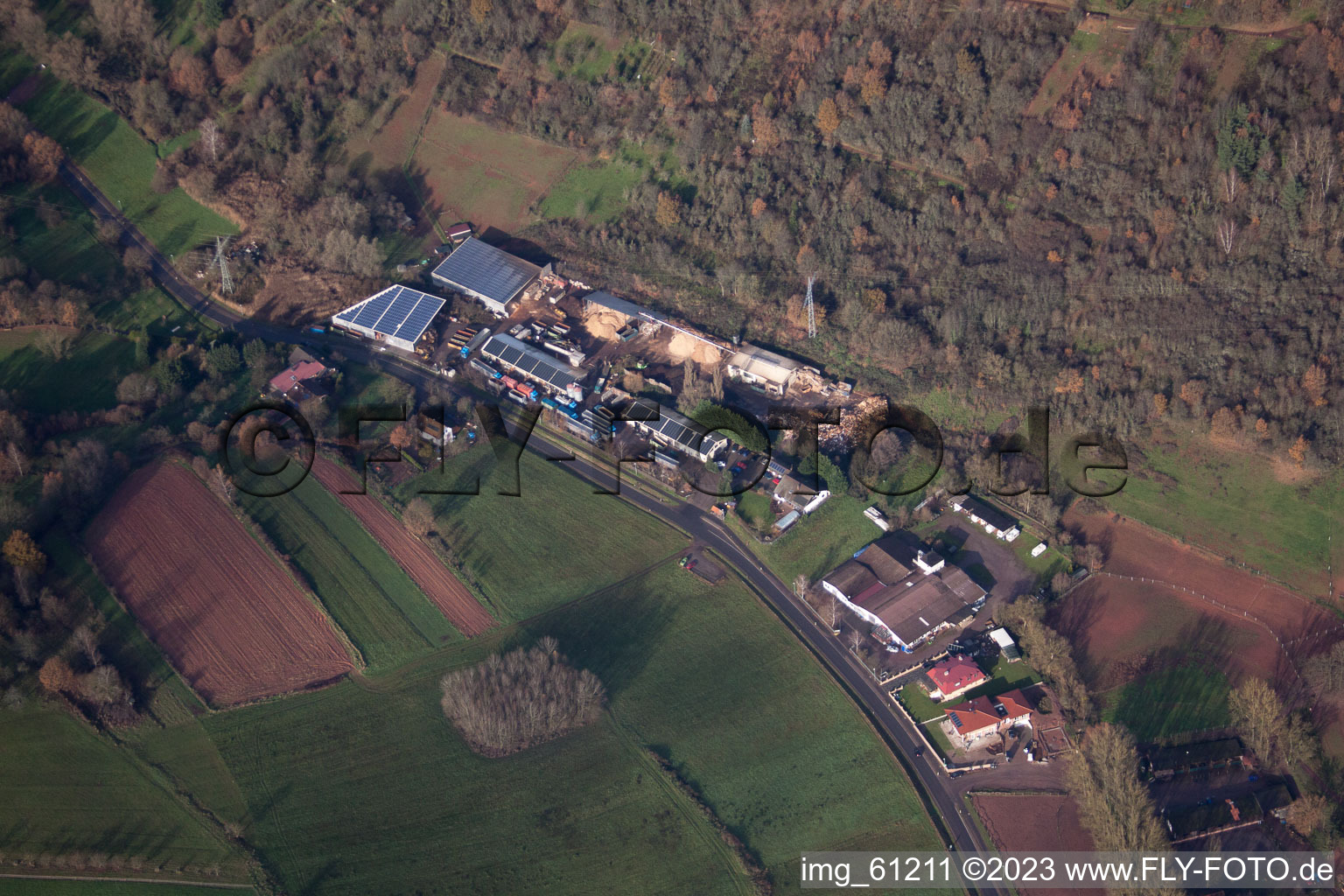 Aerial view of Span service wood logistics in the district Gräfenhausen in Annweiler am Trifels in the state Rhineland-Palatinate, Germany