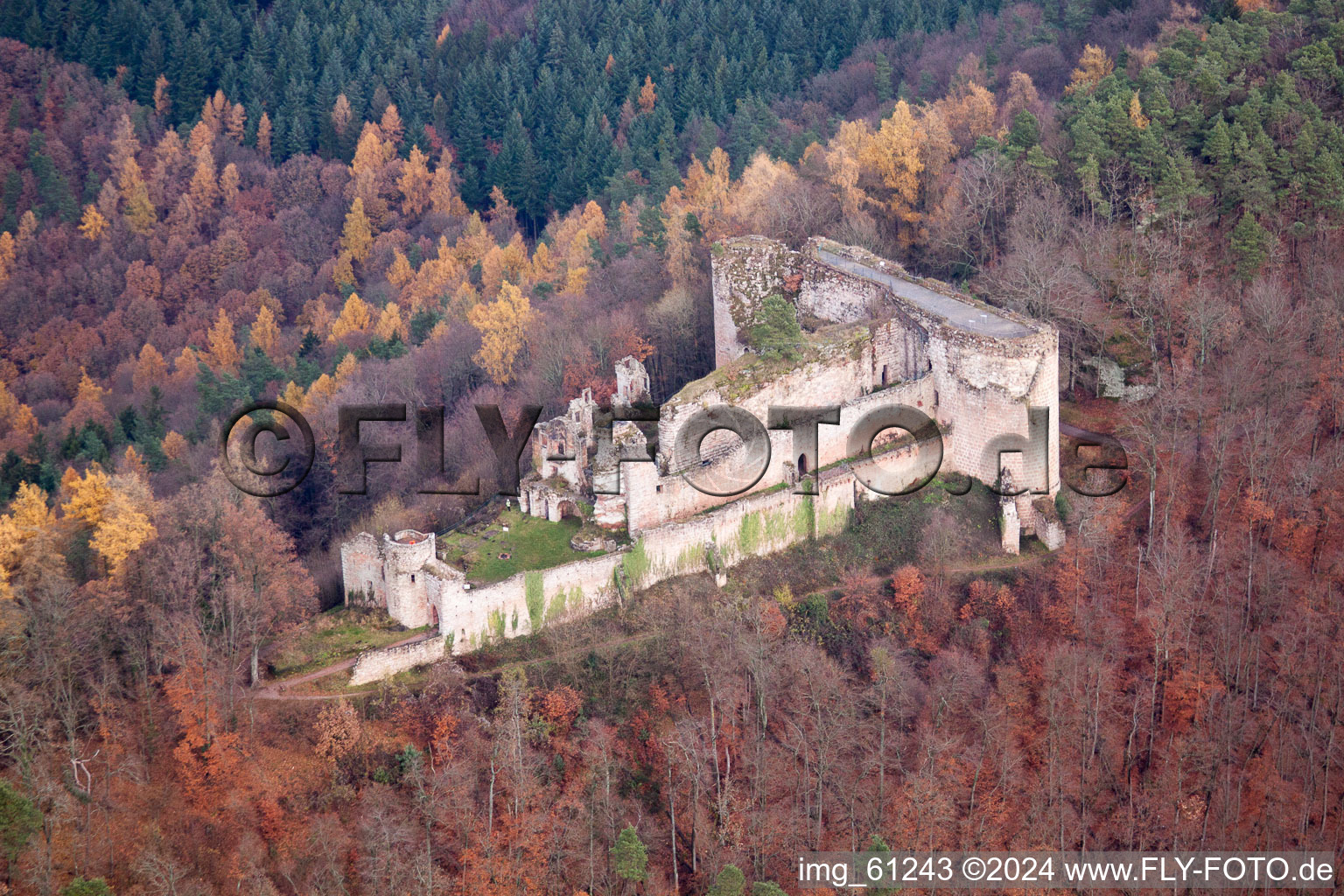 Ruins and vestiges of the former castle and fortress Burg Neuscharfeneck in Dernbach in the state Rhineland-Palatinate