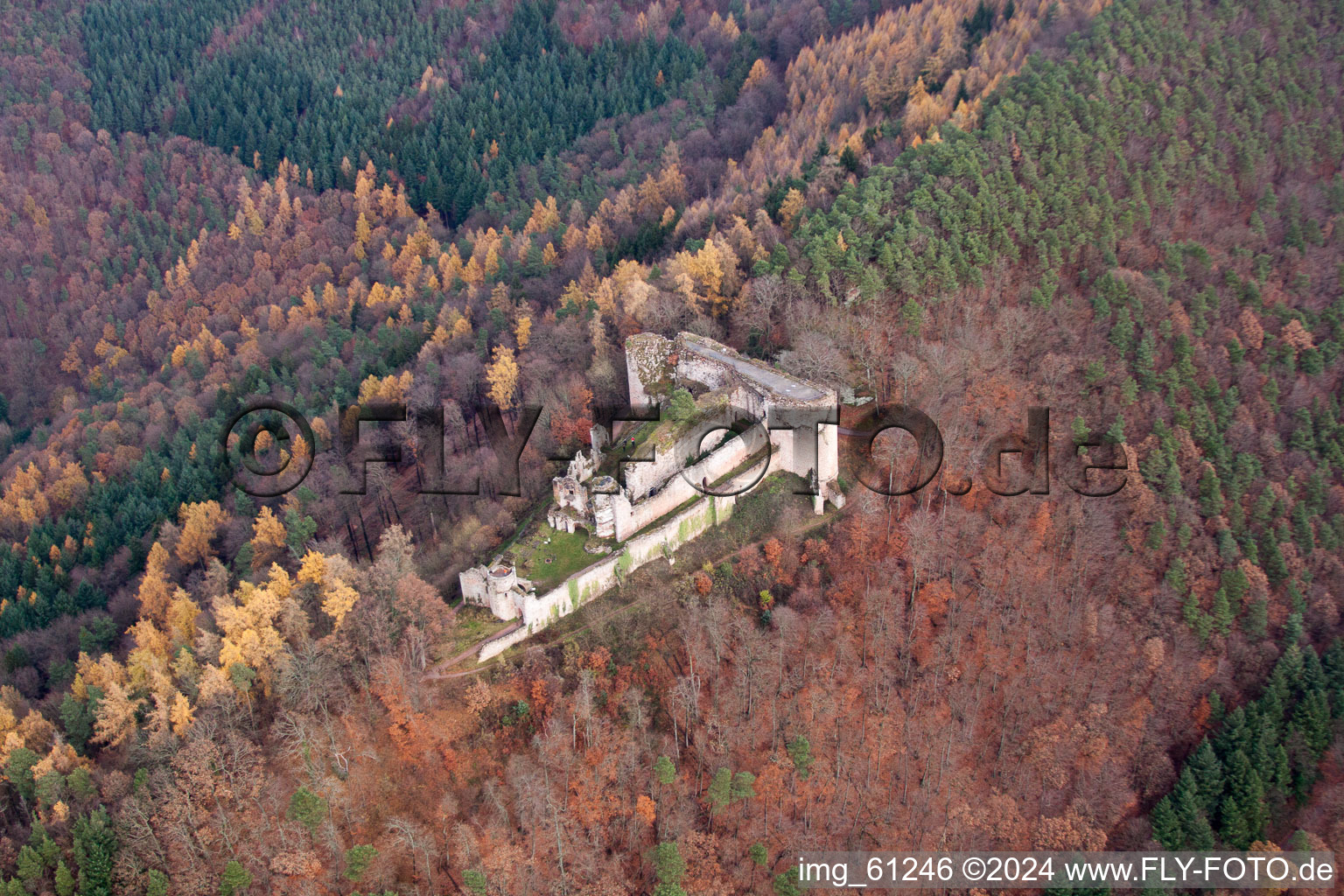 Aerial view of Ruins and vestiges of the former castle and fortress Burg Neuscharfeneck in Dernbach in the state Rhineland-Palatinate