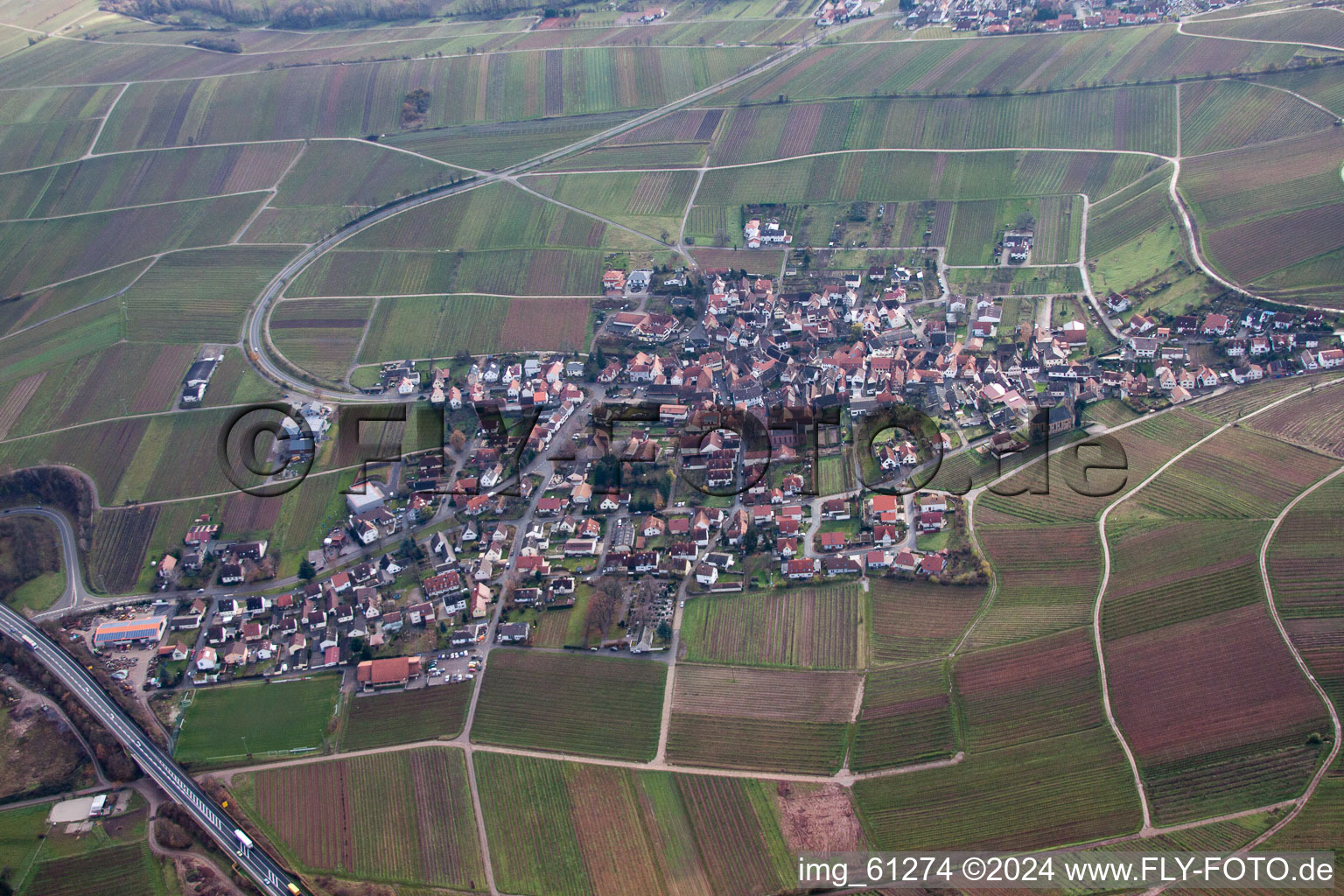 Village view of Birkweiler in the state Rhineland-Palatinate seen from above