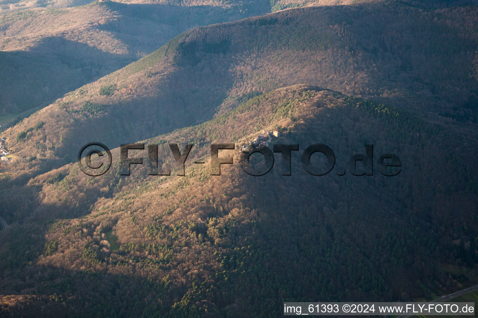 Aerial photograpy of Madenburg castle ruins in winter with snow in Eschbach in the state Rhineland-Palatinate, Germany