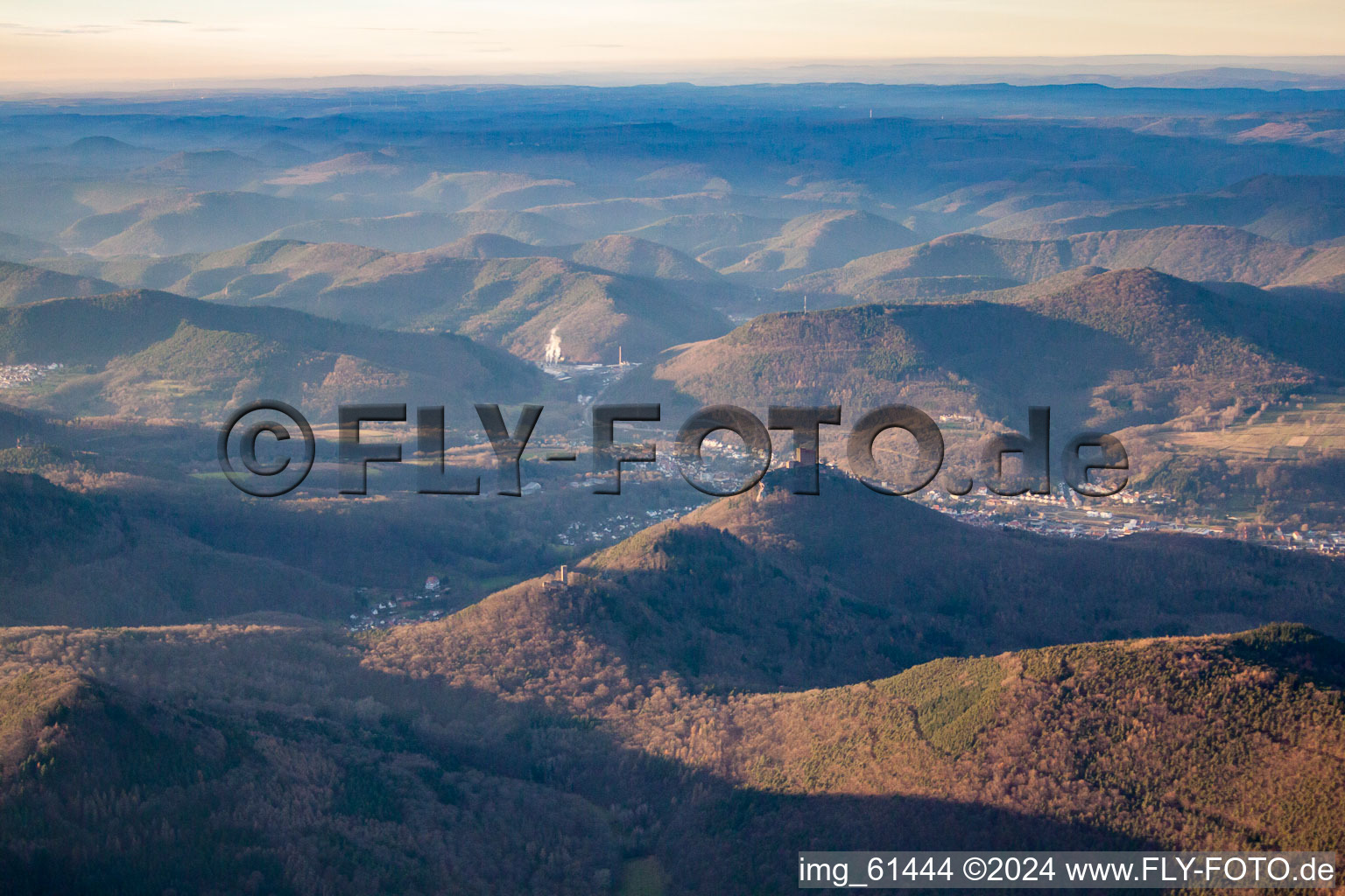 Aerial view of Trifels from the southeast in the district Bindersbach in Annweiler am Trifels in the state Rhineland-Palatinate, Germany