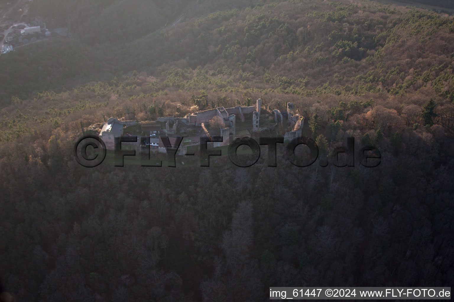 Aerial view of Madenburg in Eschbach in the state Rhineland-Palatinate, Germany