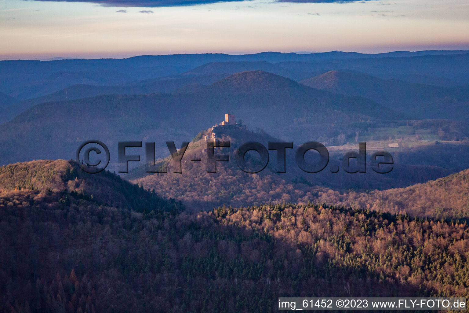 Aerial photograpy of Trifels from the southeast in the district Bindersbach in Annweiler am Trifels in the state Rhineland-Palatinate, Germany