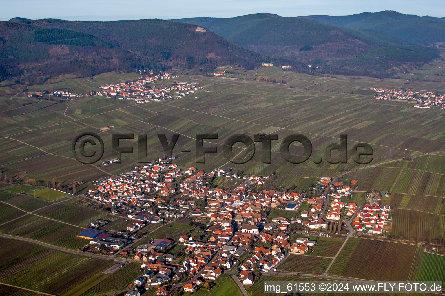 Aerial photograpy of Village - view on the edge of wine yards in Hainfeld in the state Rhineland-Palatinate, Germany