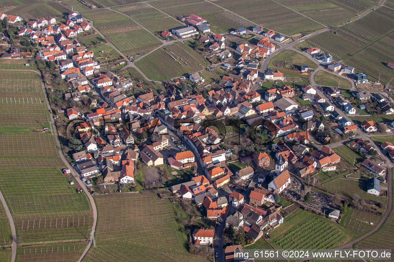 Aerial photograpy of Village - view on the edge of agricultural fields and farmland in Weyher in der Pfalz in the state Rhineland-Palatinate, Germany