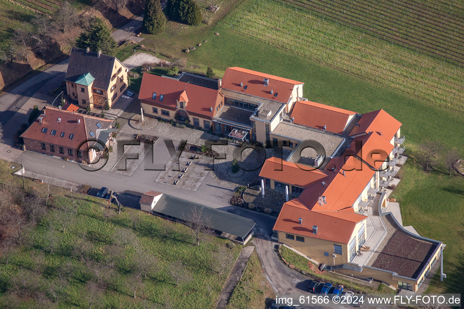 Complex of the hotel building Wohlfuehlhotel Alte Rebschule and Gasthaus Sesel in Rhodt unter Rietburg in the state Rhineland-Palatinate, Germany from above
