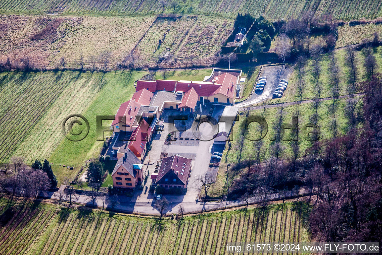 Complex of the hotel building Wohlfuehlhotel Alte Rebschule and Gasthaus Sesel in Rhodt unter Rietburg in the state Rhineland-Palatinate, Germany out of the air