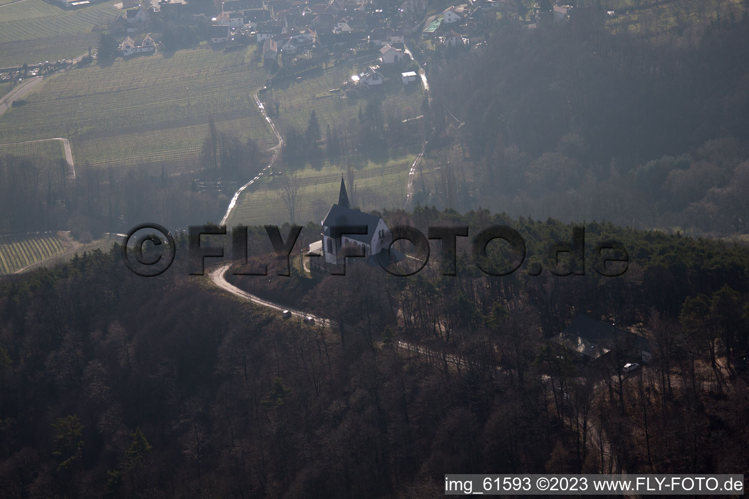 Anna Chapel in Burrweiler in the state Rhineland-Palatinate, Germany from above