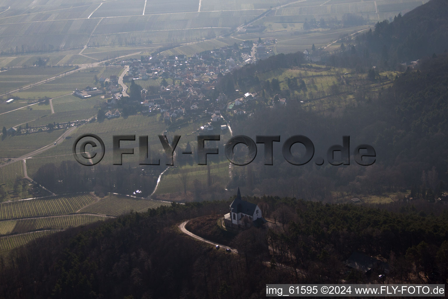 Anna Chapel in Burrweiler in the state Rhineland-Palatinate, Germany seen from above