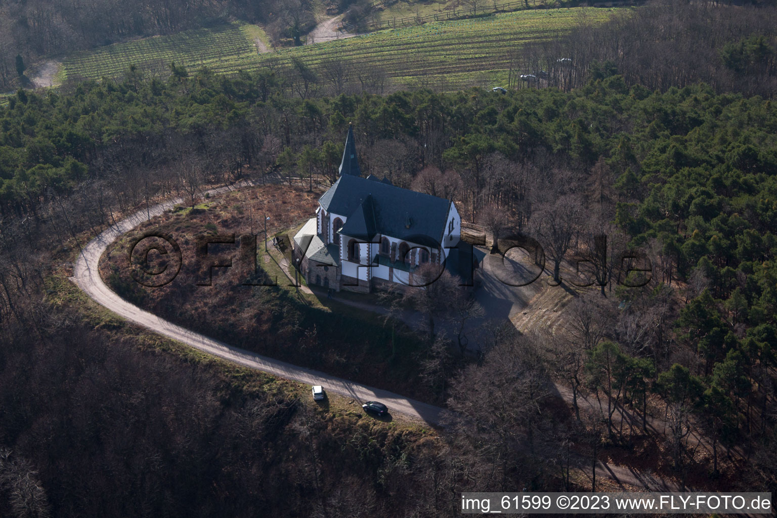 Bird's eye view of Anna Chapel in Burrweiler in the state Rhineland-Palatinate, Germany