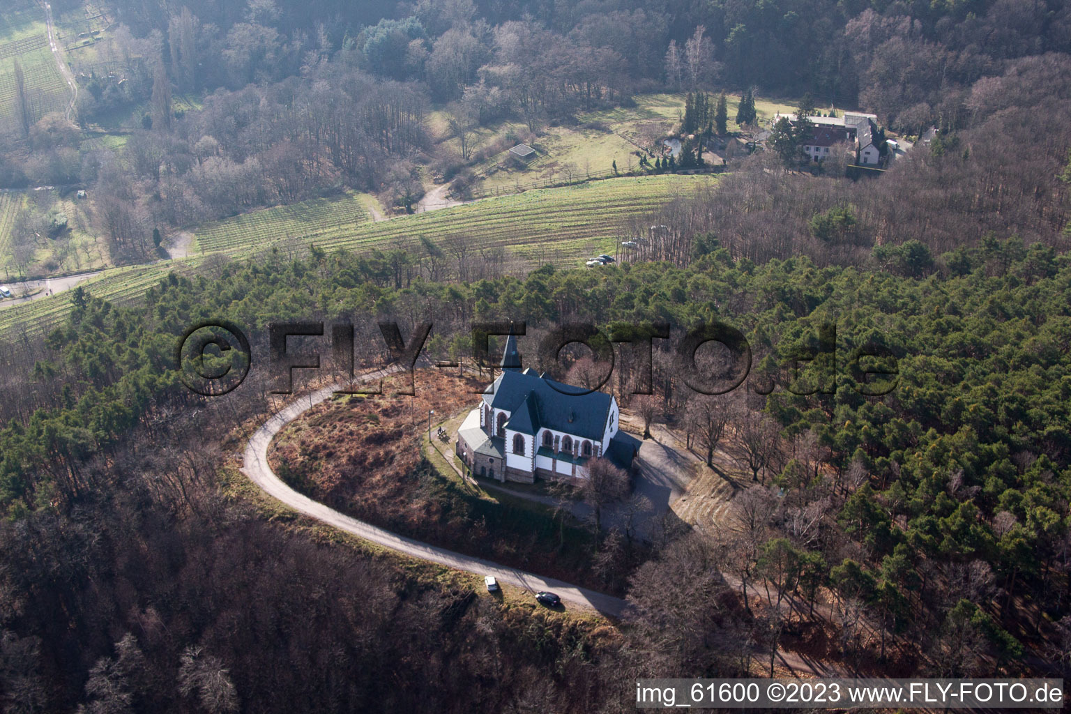 Anna Chapel in Burrweiler in the state Rhineland-Palatinate, Germany viewn from the air