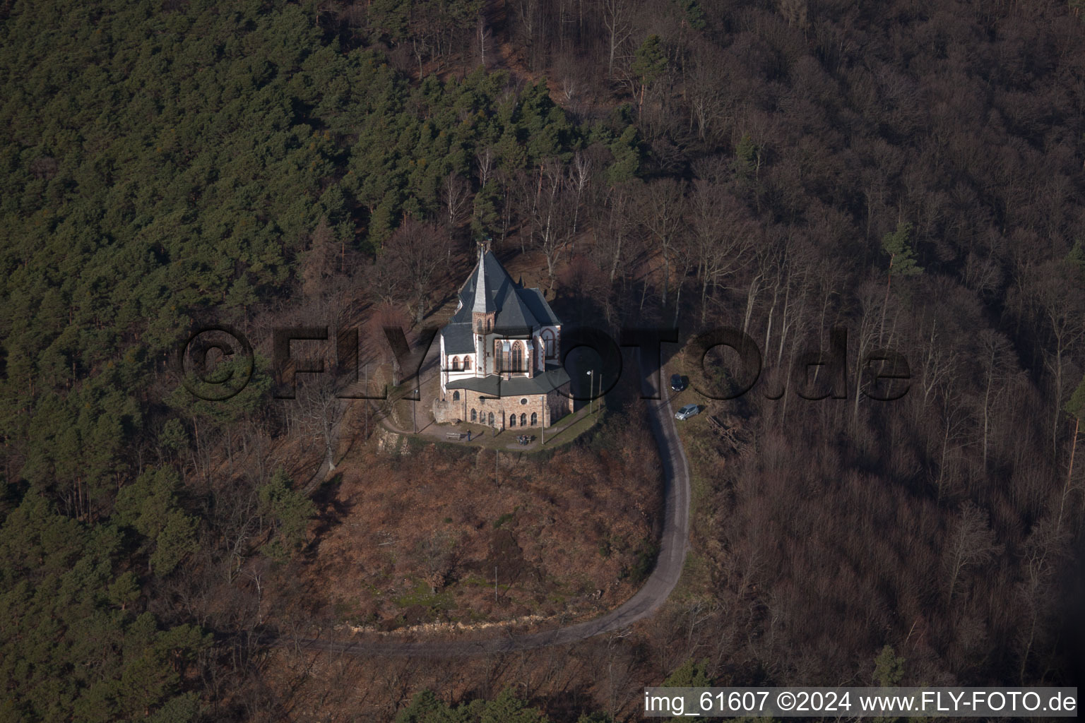 Drone recording of Anna Chapel in Burrweiler in the state Rhineland-Palatinate, Germany