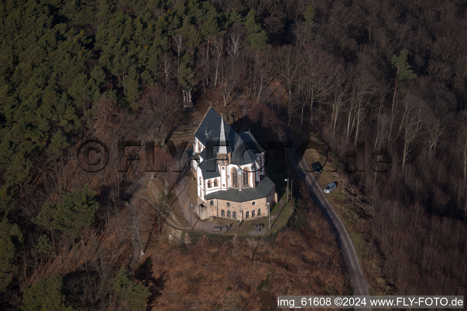 Drone image of Anna Chapel in Burrweiler in the state Rhineland-Palatinate, Germany