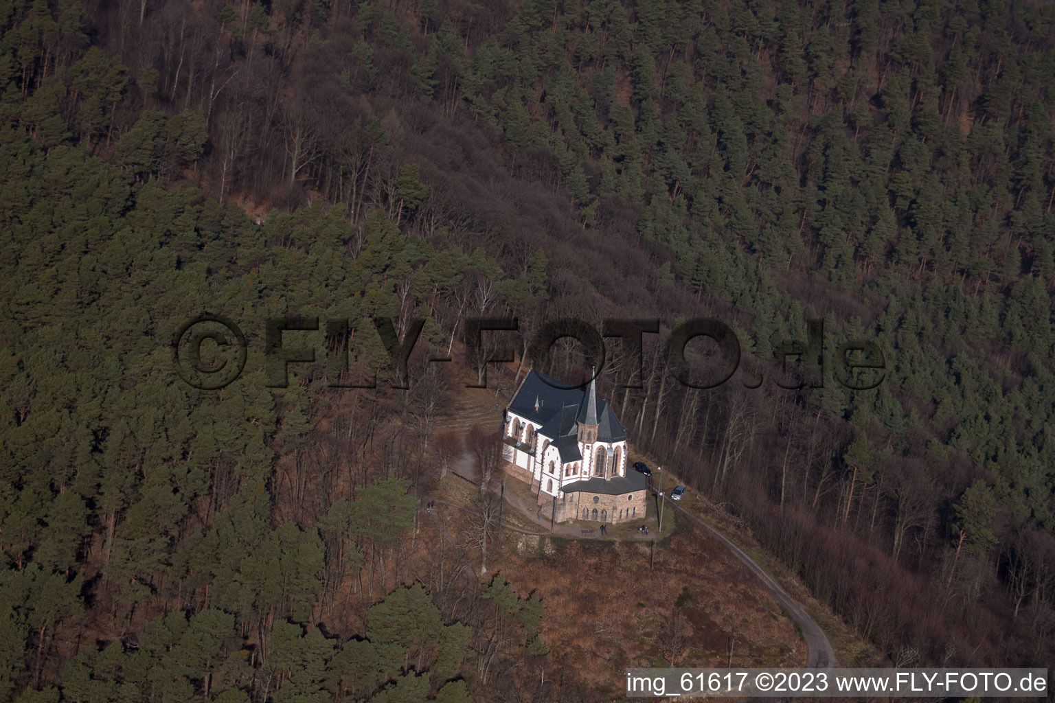 Anna Chapel in Burrweiler in the state Rhineland-Palatinate, Germany seen from a drone