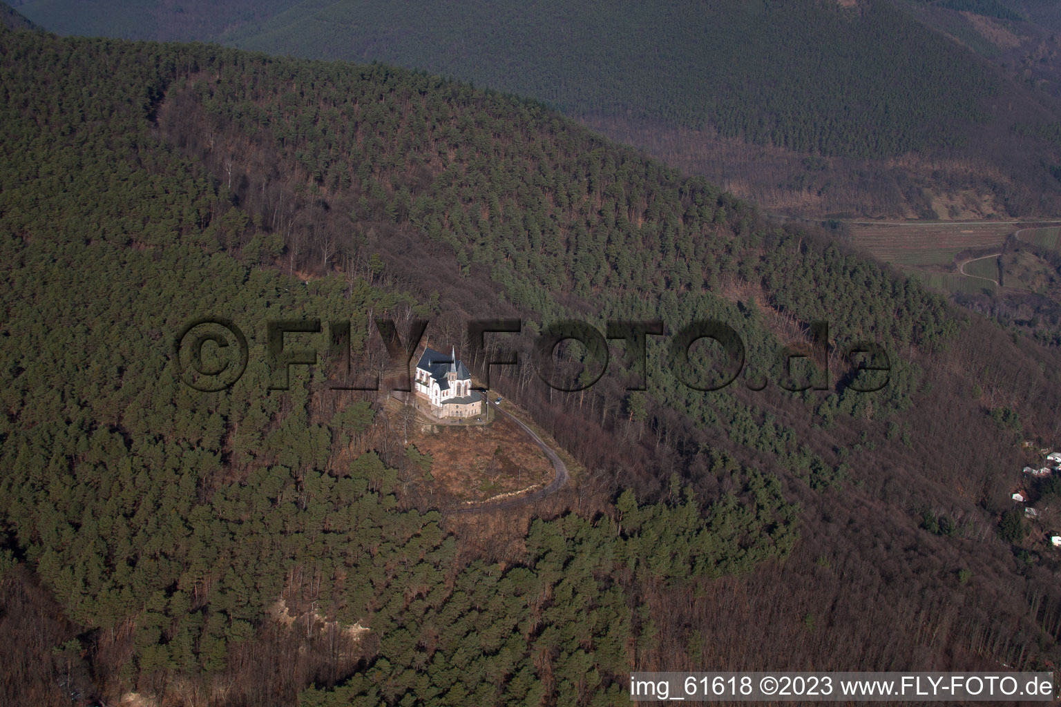 Aerial view of Anna Chapel in Burrweiler in the state Rhineland-Palatinate, Germany