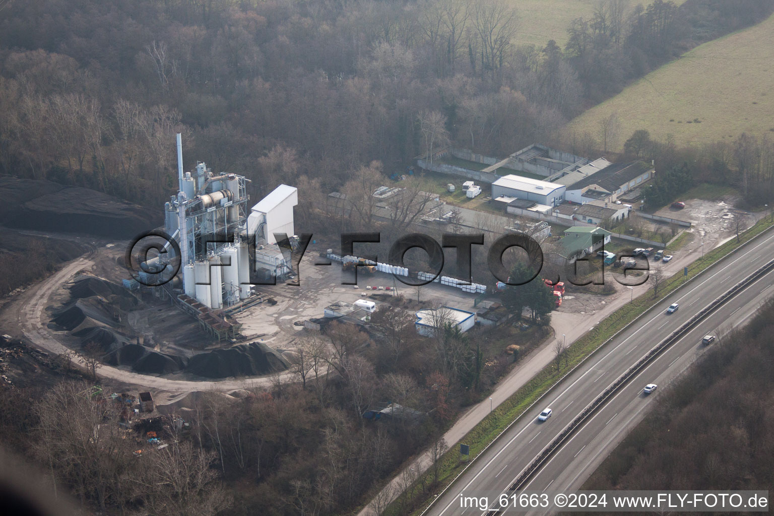 Aerial view of Landau Asphalt Plant in Landau in der Pfalz in the state Rhineland-Palatinate, Germany