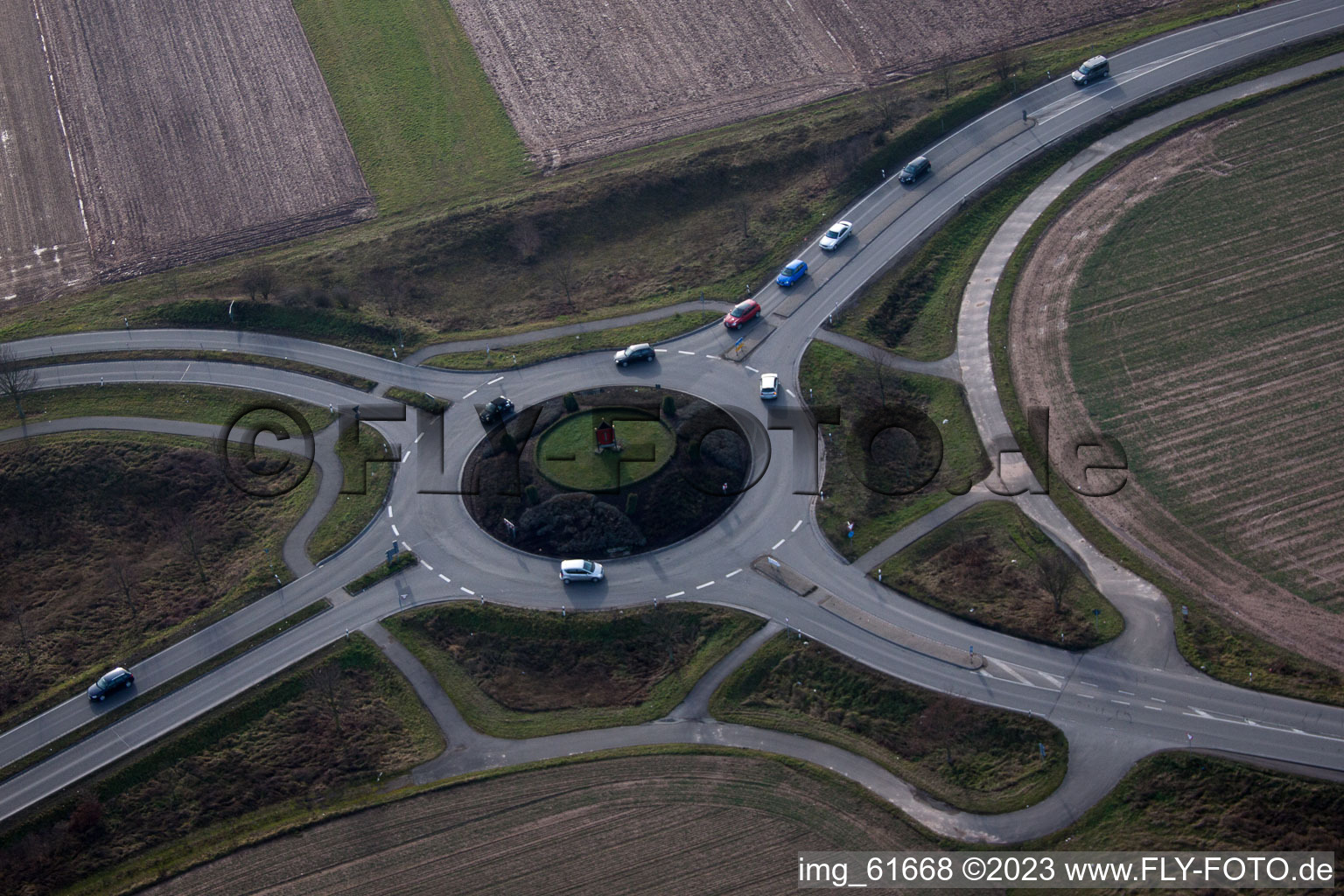 Aerial view of LD-Mörlheim, roundabout in Offenbach an der Queich in the state Rhineland-Palatinate, Germany