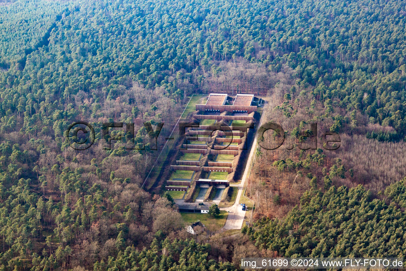 Aerial view of Bundeswehr firing range in Germersheim in the state Rhineland-Palatinate, Germany