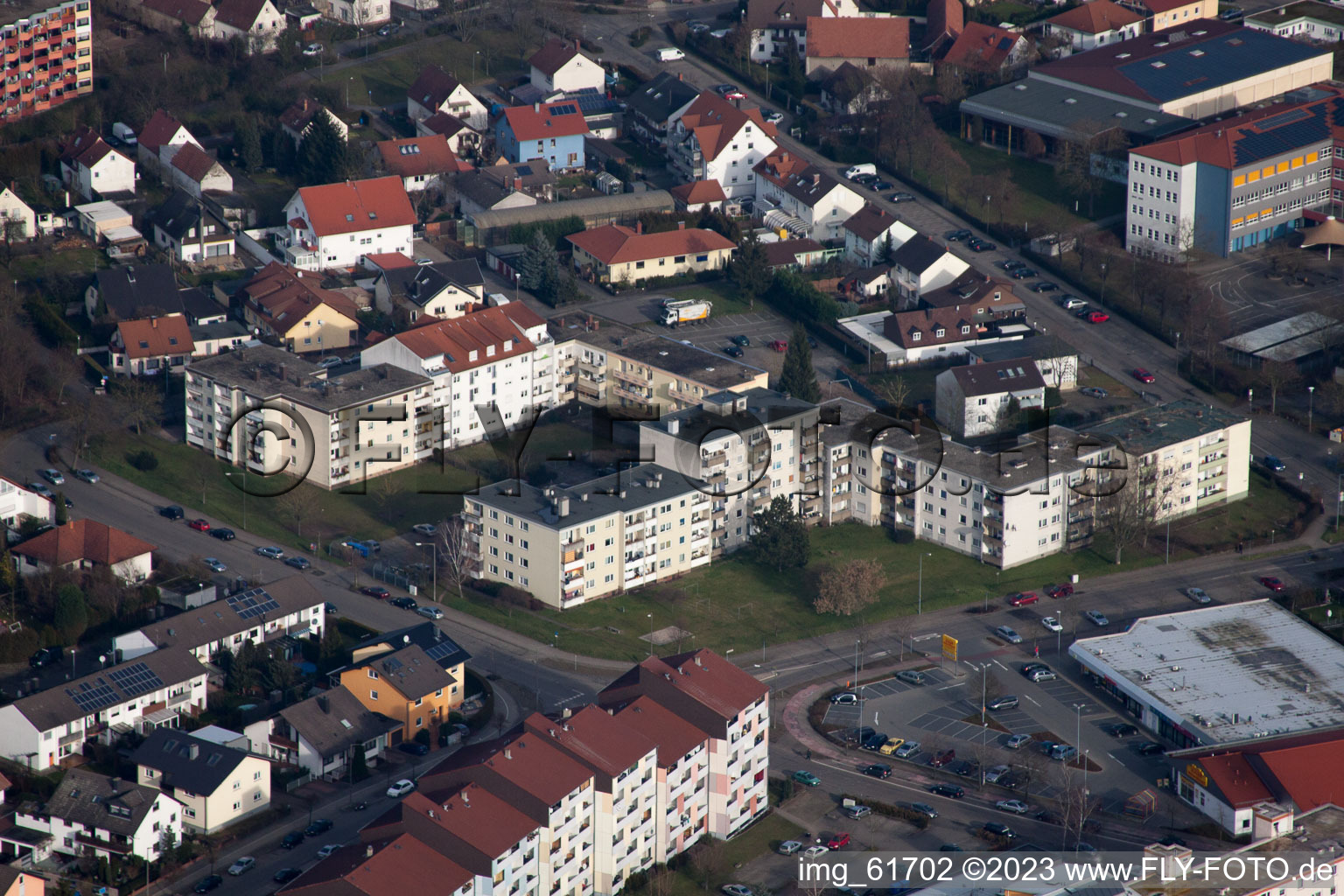 Aerial view of Konrad-Adenauer-Strasse in Germersheim in the state Rhineland-Palatinate, Germany