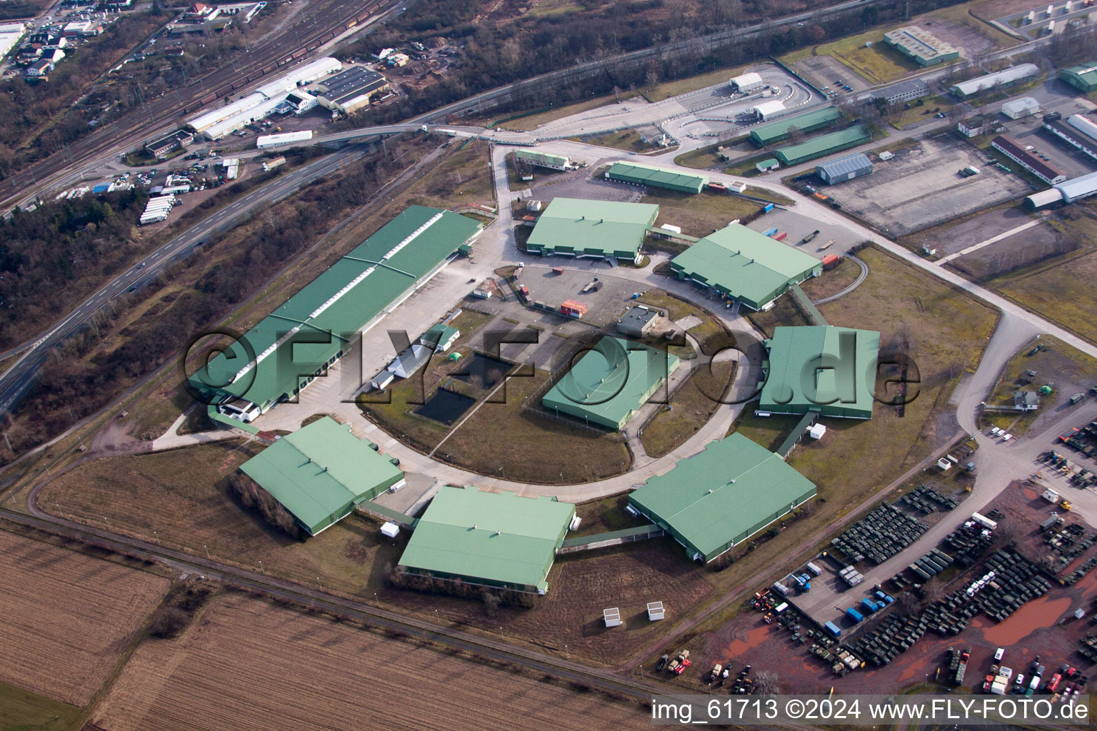 Aerial view of Bundeswehr Depot in Germersheim in the state Rhineland-Palatinate, Germany