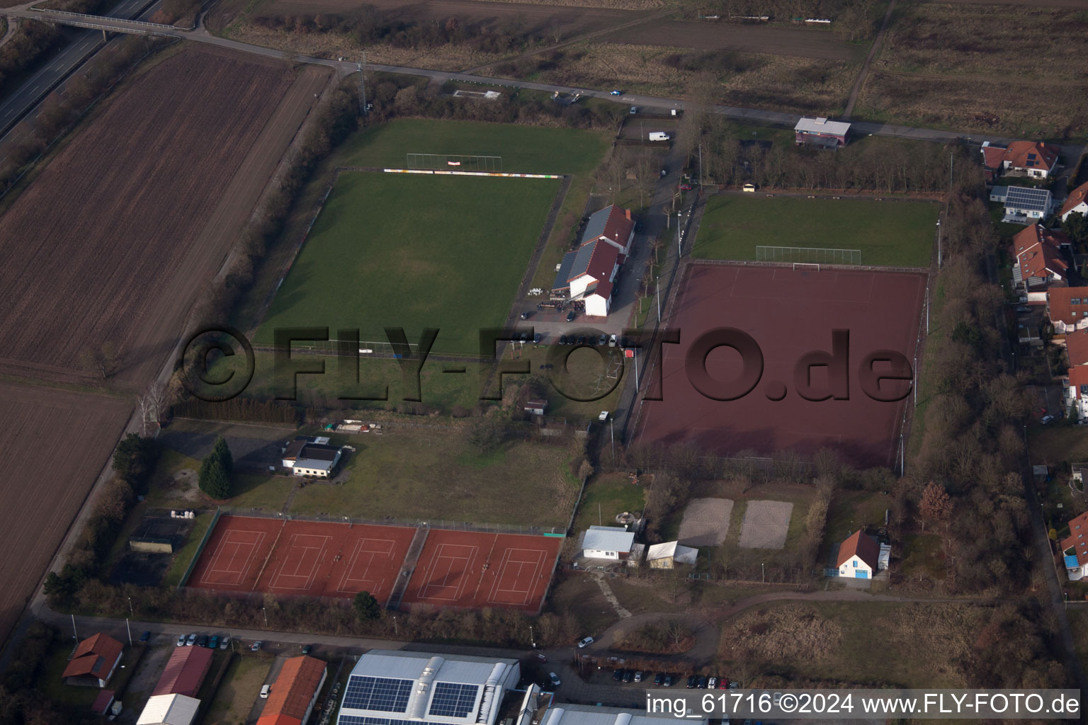 Aerial view of Sports fields in Lingenfeld in the state Rhineland-Palatinate, Germany