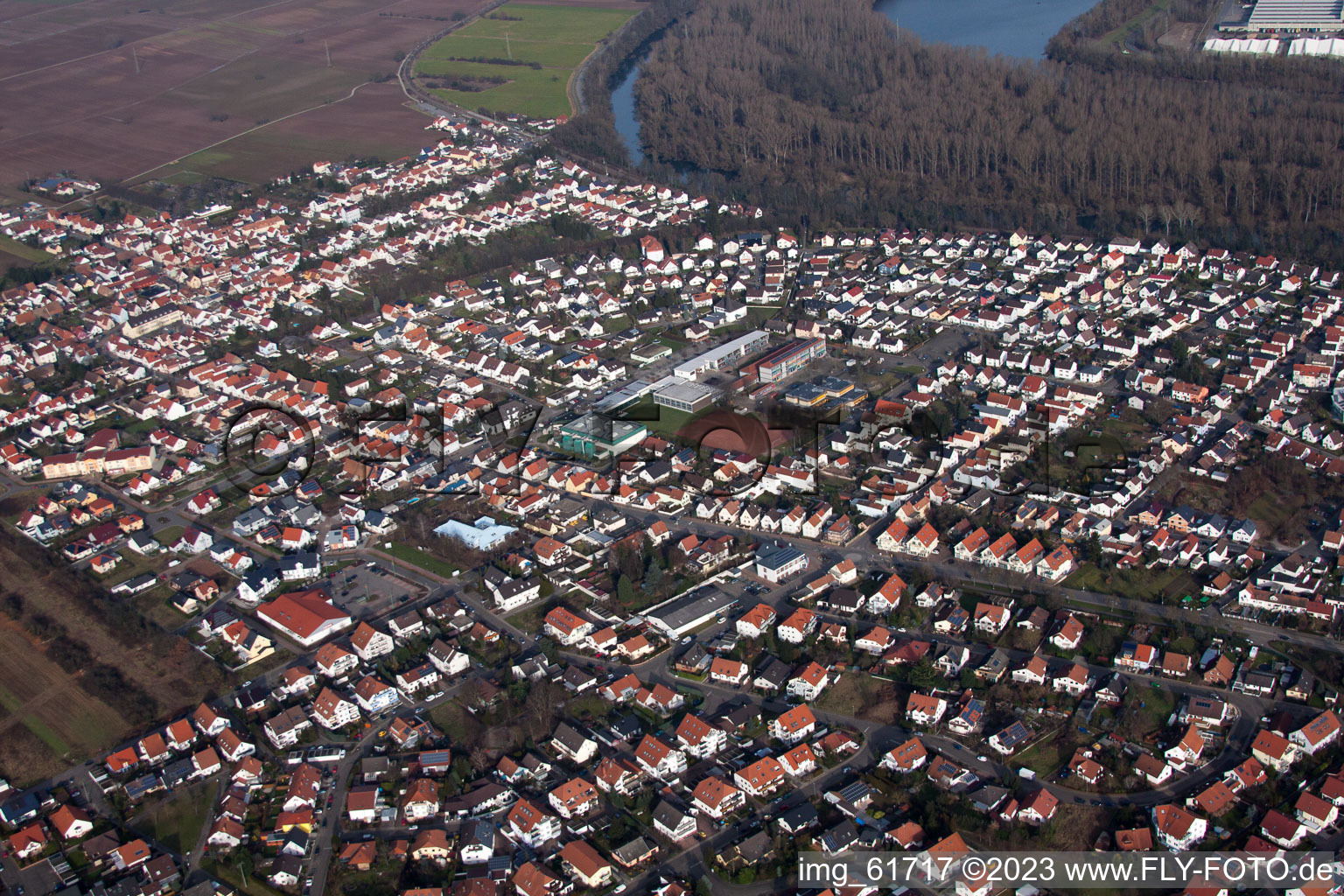 Lingenfeld in the state Rhineland-Palatinate, Germany seen from a drone