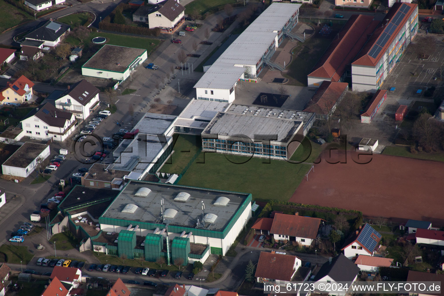 Aerial view of Primary school in Lingenfeld in the state Rhineland-Palatinate, Germany